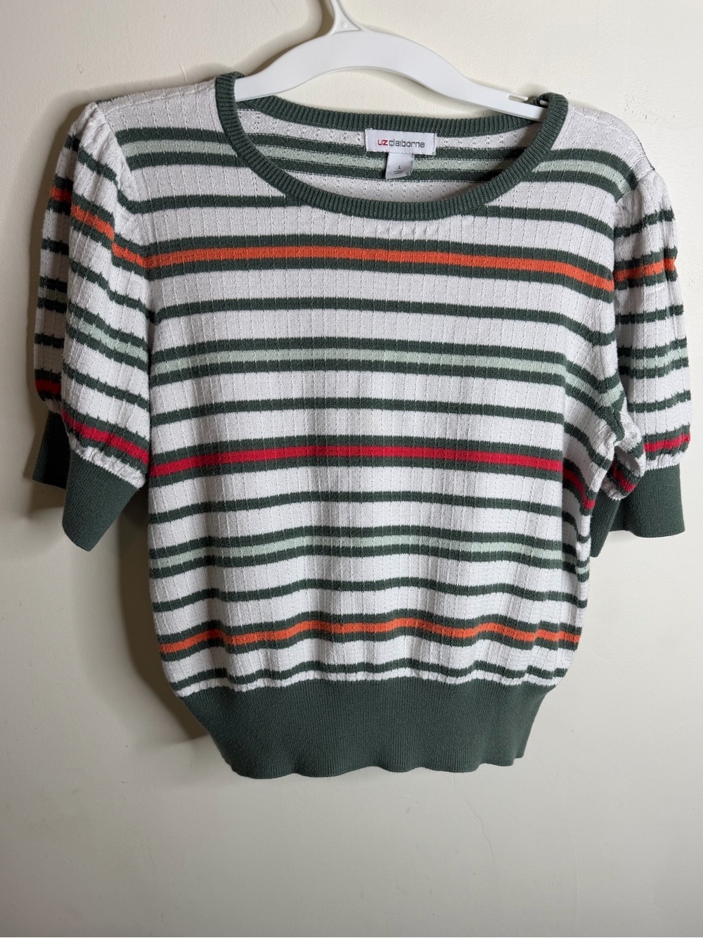 Liz Claiborne Green, White & Red Striped Short-Sleeve Sweater